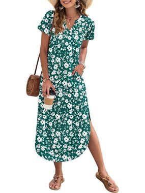 Women's Green Daisy Summer Maxi Dress 2026 Short Sleeves Casual V Neck Sundress